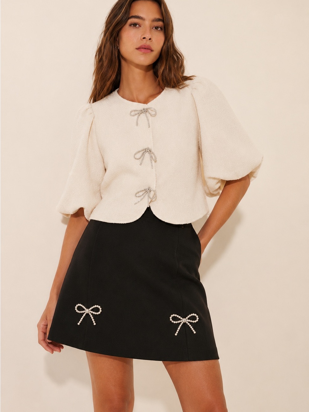 Anthropologie Dolan Ivory Puff-Sleeve Bouclé Jacket with Bow Snap Closures XS